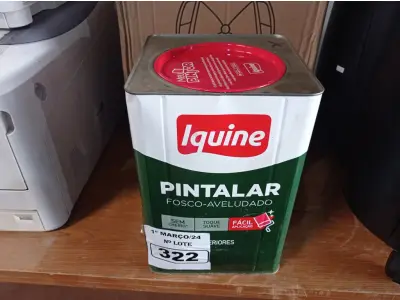 LOTE 322 - 01 LATA DE TINTA IQUINE PINTALAR FOSCO AVELUDADO 18L NA COR VERDE PISCINA. (NO ESTADO) ATENÇÃO! FAZER A VISITAÇÃO ANTES DE ARREMATAR, NÃO SABEMOS SE FUNCIONA. LEILÃO NÃO TEM GARANTIA E NEM DEVOLUÇÃO, SUJEITO A POSSÍVEIS AVARIAS VISÍVEIS/OCULTAS E/OU AUSÊNCIA DE COMPONENTES.