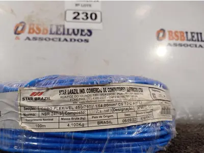 LOTE 230 - 01 ROLO DE CABO FLEXÍVEL 100M 1X4MM NA COR AZUL (NOVO). (NO ESTADO) ATENÇÃO! FAZER A VISITAÇÃO ANTES DE ARREMATAR, NÃO SABEMOS SE FUNCIONA. LEILÃO NÃO TEM GARANTIA E NEM DEVOLUÇÃO, SUJEITO A POSSÍVEIS AVARIAS VISÍVEIS/OCULTAS E/OU AUSÊNCIA DE COMPONENTES.