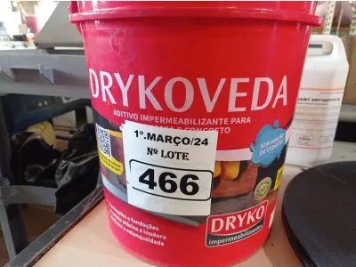 LOTE 466 - 01 BALDE DE DRYKOVEDA, ADITIVO IMPERMEABILIZANTE PARA ARGAMASSA E CONCRETO 18L. (NO ESTADO) ATENÇÃO! FAZER A VISITAÇÃO ANTES DE ARREMATAR, NÃO SABEMOS SE FUNCIONA. LEILÃO NÃO TEM GARANTIA E NEM DEVOLUÇÃO, SUJEITO A POSSÍVEIS AVARIAS VISÍVEIS/OCULTAS E/OU AUSÊNCIA DE COMPONENTES.
