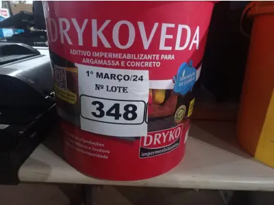 LOTE 348 - 01 BALDE DE DRYKOVEDA, ADITIVO IMPERMEABILIZANTE PARA ARGAMASSA E CONCRETO 18L. (NO ESTADO) ATENÇÃO! FAZER A VISITAÇÃO ANTES DE ARREMATAR, NÃO SABEMOS SE FUNCIONA. LEILÃO NÃO TEM GARANTIA E NEM DEVOLUÇÃO, SUJEITO A POSSÍVEIS AVARIAS VISÍVEIS/OCULTAS E/OU AUSÊNCIA DE COMPONENTES.