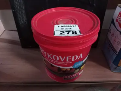 LOTE 278 - 01 BALDE DE DRYKOVEDA, ADITIVO IMPERMEABILIZANTE PARA ARGAMASSA E CONCRETO 18L. (NO ESTADO) ATENÇÃO! FAZER A VISITAÇÃO ANTES DE ARREMATAR, NÃO SABEMOS SE FUNCIONA. LEILÃO NÃO TEM GARANTIA E NEM DEVOLUÇÃO, SUJEITO A POSSÍVEIS AVARIAS VISÍVEIS/OCULTAS E/OU AUSÊNCIA DE COMPONENTES.