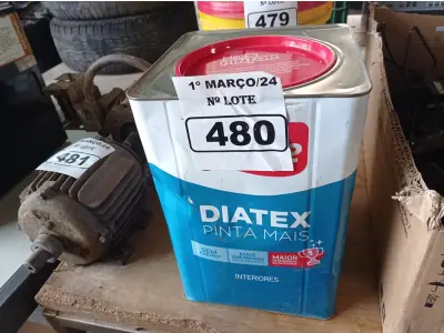 LOTE 480 - 01 LATA DE TINTA IQUINE DIATEX PINTA MAIS 18L FOSCO BASE “P”. (NO ESTADO) ATENÇÃO! FAZER A VISITAÇÃO ANTES DE ARREMATAR, NÃO SABEMOS SE FUNCIONA. LEILÃO NÃO TEM GARANTIA E NEM DEVOLUÇÃO, SUJEITO A POSSÍVEIS AVARIAS VISÍVEIS/OCULTAS E/OU AUSÊNCIA DE COMPONENTES.