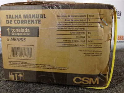 LOTE 165 - 01 TALHA MANUAL DE CORRENTE 1 TONELADA DE CAPACIDADE E 05 METROS MODELO: TC1000 CSM RENTAL PRO. (NOVO) (NO ESTADO) ATENÇÃO! FAZER A VISITAÇÃO ANTES DE ARREMATAR, NÃO SABEMOS SE FUNCIONA. LEILÃO NÃO TEM GARANTIA E NEM DEVOLUÇÃO, SUJEITO A POSSÍVEIS AVARIAS VISÍVEIS/OCULTAS E/OU AUSÊNCIA DE COMPONENTES.