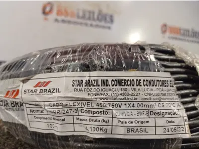 LOTE 120 - 01 ROLO DE CABO FLEXÍVEL 100M 1X4MM NA COR PRETA(NOVO). (NO ESTADO) ATENÇÃO! FAZER A VISITAÇÃO ANTES DE ARREMATAR, NÃO SABEMOS SE FUNCIONA. LEILÃO NÃO TEM GARANTIA E NEM DEVOLUÇÃO, SUJEITO A POSSÍVEIS AVARIAS VISÍVEIS/OCULTAS E/OU AUSÊNCIA DE COMPONENTES.