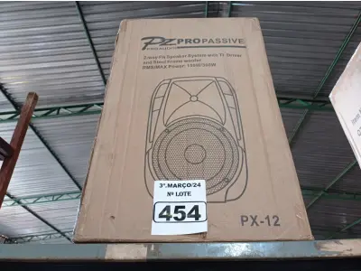 LOTE 454 - 01 CAIXA DE SOM PZ PROPASSIVE PRO ÁUDIO PX-12 (NOVA). (NO ESTADO) ATENÇÃO! FAZER A VISITAÇÃO ANTES DE ARREMATAR, NÃO SABEMOS SE FUNCIONA. LEILÃO NÃO TEM GARANTIA E NEM DEVOLUÇÃO, SUJEITO A POSSÍVEIS AVARIAS VISÍVEIS/OCULTAS E/OU AUSÊNCIA DE COMPONENTES.