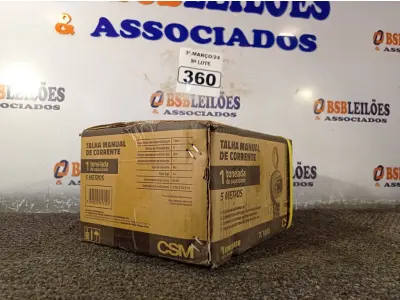 LOTE 360 - 01 TALHA MANUAL DE CORRENTE 1 TONELADA DE CAPACIDADE E 05 METROS MODELO: TC1000 CSM RENTAL PRO. (NOVO). (NO ESTADO) ATENÇÃO! FAZER A VISITAÇÃO ANTES DE ARREMATAR, NÃO SABEMOS SE FUNCIONA. LEILÃO NÃO TEM GARANTIA E NEM DEVOLUÇÃO, SUJEITO A POSSÍVEIS AVARIAS VISÍVEIS/OCULTAS E/OU AUSÊNCIA DE COMPONENTES.