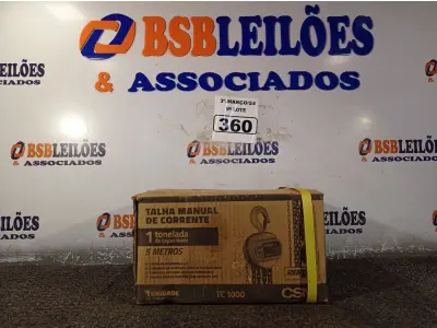 LOTE 360 - 01 TALHA MANUAL DE CORRENTE 1 TONELADA DE CAPACIDADE E 05 METROS MODELO: TC1000 CSM RENTAL PRO. (NOVO). (NO ESTADO) ATENÇÃO! FAZER A VISITAÇÃO ANTES DE ARREMATAR, NÃO SABEMOS SE FUNCIONA. LEILÃO NÃO TEM GARANTIA E NEM DEVOLUÇÃO, SUJEITO A POSSÍVEIS AVARIAS VISÍVEIS/OCULTAS E/OU AUSÊNCIA DE COMPONENTES.