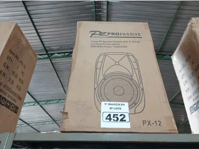 LOTE 452 - 01 CAIXA DE SOM PZ PROPASSIVE PRO ÁUDIO PX-12 (NOVA). (NO ESTADO) ATENÇÃO! FAZER A VISITAÇÃO ANTES DE ARREMATAR, NÃO SABEMOS SE FUNCIONA. LEILÃO NÃO TEM GARANTIA E NEM DEVOLUÇÃO, SUJEITO A POSSÍVEIS AVARIAS VISÍVEIS/OCULTAS E/OU AUSÊNCIA DE COMPONENTES.