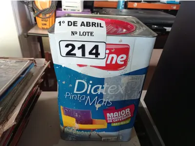 LOTE 214 - 01 LATA DE TINTA IQUINE DIATEX PINTA MAIS FOSCO AVELUDADO 18L NA COR CAMARÃO. (NO ESTADO) ATENÇÃO! FAZER A VISITAÇÃO ANTES DE ARREMATAR, NÃO SABEMOS SE FUNCIONA. LEILÃO NÃO TEM GARANTIA E NEM DEVOLUÇÃO, SUJEITO A POSSÍVEIS AVARIAS VISÍVEIS/OCULTAS E/OU AUSÊNCIA DE COMPONENTES.