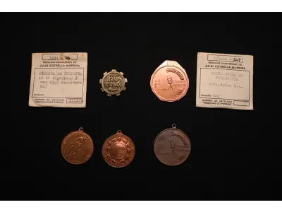 LOTE 025 - LOTE 25 – MEDALHAS INDÚSTRIA 	MEDALHA	OBSERVAÇÕES 1.		Fabrica de Curitiba. 1944.	Bronzeada – envelope da Coleção Júlio Estrella Moreira 2.		Salão anual de fotografias folhinhas Prosdócimo Gravador: Frederico Tod.	Bronzeada – prova de cunho 3.		Salão anual de fotografias folhinhas Prosdócimo Gravador: Frederico Tod.	Bronzeada – envelope da Coleção Júlio Estrella Moreira 4.		Grande Prémio Prosdócimo (ciclismo) Gravador: José Peón	Bronzeada 5.		Grande Prémio Prosdócimo (ciclismo) Gravador: José Peón	Bronzeada