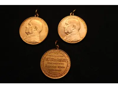 LOTE 026 - LOTE 26 – MEDALHAS SAÚDE 	MEDALHA	OBSERVAÇÕES 1.		Homenagem ao Professor Victor Ferreira do Amaral e Silva. 1934.  Gravador: José Peón	Dourada – envelope da Coleção Júlio Estrella Moreira 2.		Homenagem ao Professor Victor Ferreira do Amaral e Silva. 1934.  Gravador: José Peón	Dourada 3.		Homenagem ao Professor Victor Ferreira do Amaral e Silva. 1934.  Gravador: José Peón	Dourada 4.		Santa Casa de Misericórdia de Curitiba	Alumínio 5.		Santa Casa de Misericórdia de Curitiba	Alumínio 6.		XII Semana Odontológica Brasileira. 1955	Molde 7.		XII Semana Odontológica Brasileira. 1955	Molde 8.		Premio Dr. Nilo Cairo. Faculdade de Medicina do Paraná.1928.  Gravador: José Peón	Prateada