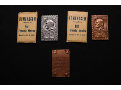 LOTE 019 - LOTE 19 – MEDALHAS FERNANDO MOREIRA 	MEDALHA	OBSERVAÇÕES 1.		Homenagem ao Professor Fernando Augusto Moreira. 1938. Gravador: José Peón	Acobreada - envelope original da medalha. 2.		Homenagem ao Professor Fernando Augusto Moreira. 1938. Gravador: José Peón	Acobreada 3.		Homenagem ao Professor Fernando Augusto Moreira. 1938. Gravador: José Peón	Prata 900 - envelope original da medalha.