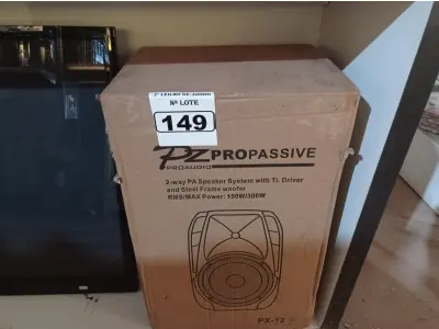 LOTE 149 - 1 CAIXA DE SOM PZPROPASSIVE PROAUDIO PX-12. (NO ESTADO) ATENÇÃO! FAZER A VISITAÇÃO ANTES DE ARREMATAR, NÃO SABEMOS SE FUNCIONA. LEILÃO NÃO TEM GARANTIA E NEM DEVOLUÇÃO, SUJEITO A POSSÍVEIS AVARIAS VISÍVEIS/OCULTAS E/OU AUSÊNCIA DE COMPONENTES.