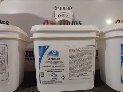 LOTE 057 - 06 BALDES DE DESINFETANTE HORTIFRUTÍCOLA VERDCLOR COM 3,5KG CADA. (NO ESTADO) ATENÇÃO! FAZER A VISITAÇÃO ANTES DE ARREMATAR, NÃO SABEMOS SE FUNCIONA. LEILÃO NÃO TEM GARANTIA E NEM DEVOLUÇÃO, SUJEITO A POSSÍVEIS AVARIAS VISÍVEIS/OCULTAS E/OU AUSÊNCIA DE COMPONENTES.
