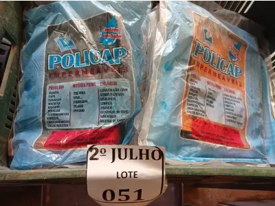 LOTE 051 - 01 LOTE COM POLICAP IMPERMEÁVEL (NO ESTADO) ATENÇÃO! FAZER A VISITAÇÃO ANTES DE ARREMATAR, NÃO SABEMOS SE FUNCIONA. LEILÃO NÃO TEM GARANTIA E NEM DEVOLUÇÃO, SUJEITO A POSSÍVEIS AVARIAS VISÍVEIS/OCULTAS E/OU AUSÊNCIA DE COMPONENTES.
