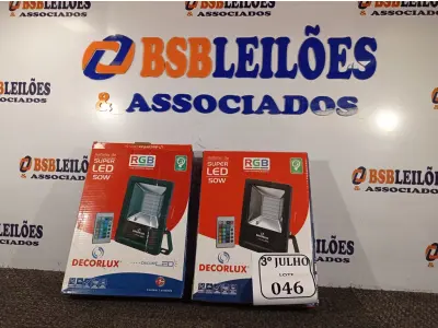 LOTE 046 - 02 REFLETORES DECORLED SUPERLED 220V 50W RGB PT – DECORLUX NOVO. (NO ESTADO)