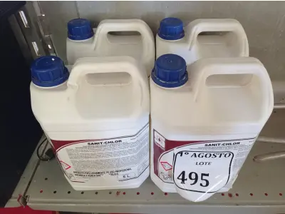 LOTE 495 - 04 GALÕES COM 5L CADA DE DESINFETANTE PARA HORTIFRUTÍCOLAS E DE ÁGUA. (NO ESTADO) ATENÇÃO! FAZER A VISITAÇÃO ANTES DE ARREMATAR, NÃO SABEMOS SE FUNCIONA. LEILÃO NÃO TEM GARANTIA E NEM DEVOLUÇÃO, SUJEITO A POSSÍVEIS AVARIAS VISÍVEIS/OCULTAS E/OU AUSÊNCIA DE COMPONENTES.