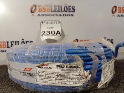 LOTE 230 - 01 ROLO DE CABO FLEXÍVEL 450/750VOLTS 1X10MM NA COR AZUL. (NO ESTADO) ATENÇÃO! FAZER A VISITAÇÃO ANTES DE ARREMATAR, NÃO SABEMOS SE FUNCIONA. LEILÃO NÃO TEM GARANTIA E NEM DEVOLUÇÃO, SUJEITO A POSSÍVEIS AVARIAS VISÍVEIS/OCULTAS E/OU AUSÊNCIA DE COMPONENTES.