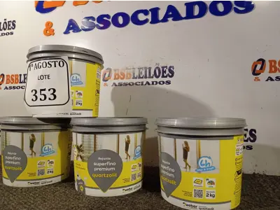 LOTE 353 - 04 BALDINHOS DE REJUNTE SUPERFINO PREMIUM QUARTZOLIT COM 2KG CADA. (NO ESTADO) ATENÇÃO! FAZER A VISITAÇÃO ANTES DE ARREMATAR, NÃO SABEMOS SE FUNCIONA. LEILÃO NÃO TEM GARANTIA E NEM DEVOLUÇÃO, SUJEITO A POSSÍVEIS AVARIAS VISÍVEIS/OCULTAS E/OU AUSÊNCIA DE COMPONENTES.