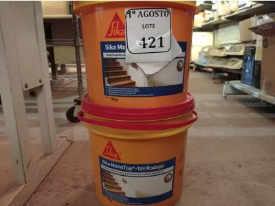 LOTE 421 - 02 BALDES DE SIKA MONOTOP-123 RODAPÉ IMPERMEABILIZANTE PARA TRATAMENTO DE UMIDADE ASCENDENTE 12KG. (NO ESTADO) ATENÇÃO! FAZER A VISITAÇÃO ANTES DE ARREMATAR, NÃO SABEMOS SE FUNCIONA. LEILÃO NÃO TEM GARANTIA E NEM DEVOLUÇÃO, SUJEITO A POSSÍVEIS AVARIAS VISÍVEIS/OCULTAS E/OU AUSÊNCIA DE COMPONENTES.