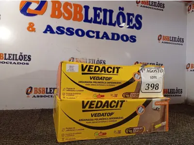 LOTE 398 - 02 CAIXAS DE VEDATOP ARGAMASSA POLIMÉRICA IMPERMEÁVEL 12KG. (NO ESTADO) ATENÇÃO! FAZER A VISITAÇÃO ANTES DE ARREMATAR, NÃO SABEMOS SE FUNCIONA. LEILÃO NÃO TEM GARANTIA E NEM DEVOLUÇÃO, SUJEITO A POSSÍVEIS AVARIAS VISÍVEIS/OCULTAS E/OU AUSÊNCIA DE COMPONENTES.