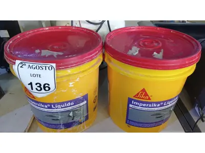 LOTE 136 - 02 BALDES DE IMPERSIKA LÍQUIDO ADITIVO PLASTIFICANTE PARA ARGAMASSA DE ASSENTAMENTO E REBOCO, 18 LITROS CADA. (NO ESTADO) ATENÇÃO! FAZER A VISITAÇÃO ANTES DE ARREMATAR, NÃO SABEMOS SE FUNCIONA. LEILÃO NÃO TEM GARANTIA E NEM DEVOLUÇÃO, SUJEITO A POSSÍVEIS AVARIAS VISÍVEIS/OCULTAS E/OU AUSÊNCIA DE COMPONENTES.