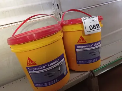 LOTE 088 - 02 BALDES DE IMPERSIKA LÍQUIDO ADITIVO PLASTIFICANTE PARA ARGAMASSA DE ASSENTAMENTO E REBOCO, 18 LITROS CADA. (NO ESTADO) ATENÇÃO! FAZER A VISITAÇÃO ANTES DE ARREMATAR, NÃO SABEMOS SE FUNCIONA. LEILÃO NÃO TEM GARANTIA E NEM DEVOLUÇÃO, SUJEITO A POSSÍVEIS AVARIAS VISÍVEIS/OCULTAS E/OU AUSÊNCIA DE COMPONENTES.