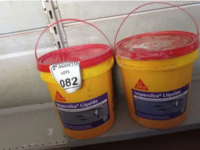 LOTE 082 - 02 BALDES DE IMPERSIKA LÍQUIDO ADITIVO PLASTIFICANTE PARA ARGAMASSA DE ASSENTAMENTO E REBOCO, 18 LITROS CADA. (NO ESTADO) ATENÇÃO! FAZER A VISITAÇÃO ANTES DE ARREMATAR, NÃO SABEMOS SE FUNCIONA. LEILÃO NÃO TEM GARANTIA E NEM DEVOLUÇÃO, SUJEITO A POSSÍVEIS AVARIAS VISÍVEIS/OCULTAS E/OU AUSÊNCIA DE COMPONENTES.