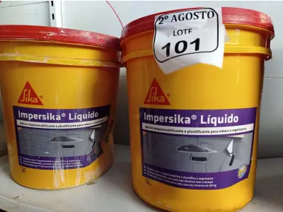 LOTE 101 - 02 BALDES DE IMPERSIKA LÍQUIDO ADITIVO PLASTIFICANTE PARA ARGAMASSA DE ASSENTAMENTO E REBOCO, 18 LITROS CADA. (NO ESTADO) ATENÇÃO! FAZER A VISITAÇÃO ANTES DE ARREMATAR, NÃO SABEMOS SE FUNCIONA. LEILÃO NÃO TEM GARANTIA E NEM DEVOLUÇÃO, SUJEITO A POSSÍVEIS AVARIAS VISÍVEIS/OCULTAS E/OU AUSÊNCIA DE COMPONENTES.