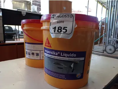 LOTE 185 - 02 BALDES DE IMPERSIKA LÍQUIDO ADITIVO PLASTIFICANTE PARA ARGAMASSA DE ASSENTAMENTO E REBOCO, 18 LITROS CADA. (NO ESTADO) ATENÇÃO! FAZER A VISITAÇÃO ANTES DE ARREMATAR, NÃO SABEMOS SE FUNCIONA. LEILÃO NÃO TEM GARANTIA E NEM DEVOLUÇÃO, SUJEITO A POSSÍVEIS AVARIAS VISÍVEIS/OCULTAS E/OU AUSÊNCIA DE COMPONENTES.F