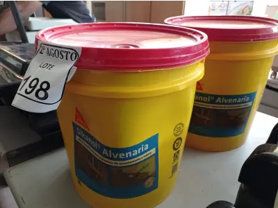 LOTE 198 - 02 BALDES DE SIKANOL ALVENARIA ADITIVO PLASTIFICANTE PARA ARGAMASSA DE ASSENTAMENTO E REBOCO, 18 LITROS CADA. (NO ESTADO) ATENÇÃO! FAZER A VISITAÇÃO ANTES DE ARREMATAR, NÃO SABEMOS SE FUNCIONA. LEILÃO NÃO TEM GARANTIA E NEM DEVOLUÇÃO, SUJEITO A POSSÍVEIS AVARIAS VISÍVEIS/OCULTAS E/OU AUSÊNCIA DE COMPONENTES.