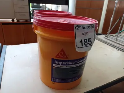 LOTE 185 - 02 BALDES DE IMPERSIKA LÍQUIDO ADITIVO PLASTIFICANTE PARA ARGAMASSA DE ASSENTAMENTO E REBOCO, 18 LITROS CADA. (NO ESTADO) ATENÇÃO! FAZER A VISITAÇÃO ANTES DE ARREMATAR, NÃO SABEMOS SE FUNCIONA. LEILÃO NÃO TEM GARANTIA E NEM DEVOLUÇÃO, SUJEITO A POSSÍVEIS AVARIAS VISÍVEIS/OCULTAS E/OU AUSÊNCIA DE COMPONENTES.F