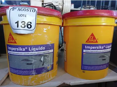 LOTE 136 - 02 BALDES DE IMPERSIKA LÍQUIDO ADITIVO PLASTIFICANTE PARA ARGAMASSA DE ASSENTAMENTO E REBOCO, 18 LITROS CADA. (NO ESTADO) ATENÇÃO! FAZER A VISITAÇÃO ANTES DE ARREMATAR, NÃO SABEMOS SE FUNCIONA. LEILÃO NÃO TEM GARANTIA E NEM DEVOLUÇÃO, SUJEITO A POSSÍVEIS AVARIAS VISÍVEIS/OCULTAS E/OU AUSÊNCIA DE COMPONENTES.