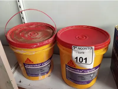 LOTE 101 - 02 BALDES DE IMPERSIKA LÍQUIDO ADITIVO PLASTIFICANTE PARA ARGAMASSA DE ASSENTAMENTO E REBOCO, 18 LITROS CADA. (NO ESTADO) ATENÇÃO! FAZER A VISITAÇÃO ANTES DE ARREMATAR, NÃO SABEMOS SE FUNCIONA. LEILÃO NÃO TEM GARANTIA E NEM DEVOLUÇÃO, SUJEITO A POSSÍVEIS AVARIAS VISÍVEIS/OCULTAS E/OU AUSÊNCIA DE COMPONENTES.