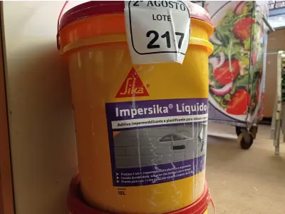 LOTE 217 - 02 BALDES DE IMPERSIKA LÍQUIDO ADITIVO PLASTIFICANTE PARA ARGAMASSA DE ASSENTAMENTO E REBOCO, 18 LITROS CADA. (NO ESTADO) ATENÇÃO! FAZER A VISITAÇÃO ANTES DE ARREMATAR, NÃO SABEMOS SE FUNCIONA. LEILÃO NÃO TEM GARANTIA E NEM DEVOLUÇÃO, SUJEITO A POSSÍVEIS AVARIAS VISÍVEIS/OCULTAS E/OU AUSÊNCIA DE COMPONENTES.