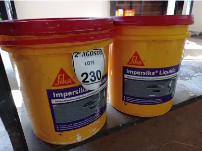 LOTE 230 - 02 BALDES DE IMPERSIKA LÍQUIDO ADITIVO PLASTIFICANTE PARA ARGAMASSA DE ASSENTAMENTO E REBOCO, 18 LITROS CADA. (NO ESTADO) ATENÇÃO! FAZER A VISITAÇÃO ANTES DE ARREMATAR, NÃO SABEMOS SE FUNCIONA. LEILÃO NÃO TEM GARANTIA E NEM DEVOLUÇÃO, SUJEITO A POSSÍVEIS AVARIAS VISÍVEIS/OCULTAS E/OU AUSÊNCIA DE COMPONENTES.