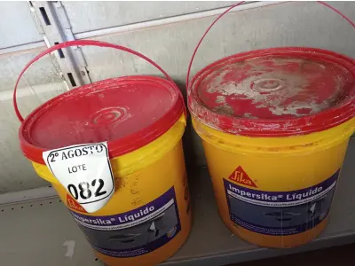LOTE 082 - 02 BALDES DE IMPERSIKA LÍQUIDO ADITIVO PLASTIFICANTE PARA ARGAMASSA DE ASSENTAMENTO E REBOCO, 18 LITROS CADA. (NO ESTADO) ATENÇÃO! FAZER A VISITAÇÃO ANTES DE ARREMATAR, NÃO SABEMOS SE FUNCIONA. LEILÃO NÃO TEM GARANTIA E NEM DEVOLUÇÃO, SUJEITO A POSSÍVEIS AVARIAS VISÍVEIS/OCULTAS E/OU AUSÊNCIA DE COMPONENTES.