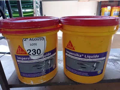 LOTE 230 - 02 BALDES DE IMPERSIKA LÍQUIDO ADITIVO PLASTIFICANTE PARA ARGAMASSA DE ASSENTAMENTO E REBOCO, 18 LITROS CADA. (NO ESTADO) ATENÇÃO! FAZER A VISITAÇÃO ANTES DE ARREMATAR, NÃO SABEMOS SE FUNCIONA. LEILÃO NÃO TEM GARANTIA E NEM DEVOLUÇÃO, SUJEITO A POSSÍVEIS AVARIAS VISÍVEIS/OCULTAS E/OU AUSÊNCIA DE COMPONENTES.