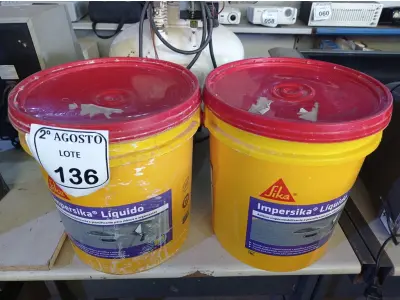LOTE 136 - 02 BALDES DE IMPERSIKA LÍQUIDO ADITIVO PLASTIFICANTE PARA ARGAMASSA DE ASSENTAMENTO E REBOCO, 18 LITROS CADA. (NO ESTADO) ATENÇÃO! FAZER A VISITAÇÃO ANTES DE ARREMATAR, NÃO SABEMOS SE FUNCIONA. LEILÃO NÃO TEM GARANTIA E NEM DEVOLUÇÃO, SUJEITO A POSSÍVEIS AVARIAS VISÍVEIS/OCULTAS E/OU AUSÊNCIA DE COMPONENTES.