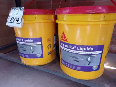 LOTE 274 - 02 BALDES DE IMPERSIKA LÍQUIDO ADITIVO PLASTIFICANTE PARA ARGAMASSA DE ASSENTAMENTO E REBOCO, 18 LITROS CADA. (NO ESTADO) ATENÇÃO! FAZER A VISITAÇÃO ANTES DE ARREMATAR, NÃO SABEMOS SE FUNCIONA. LEILÃO NÃO TEM GARANTIA E NEM DEVOLUÇÃO, SUJEITO A POSSÍVEIS AVARIAS VISÍVEIS/OCULTAS E/OU AUSÊNCIA DE COMPONENTES.