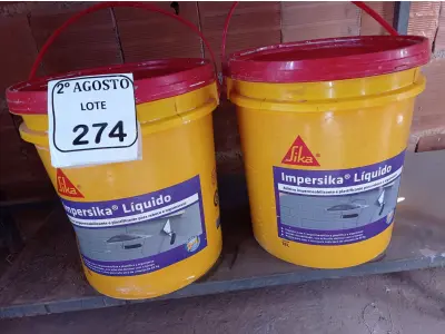 LOTE 274 - 02 BALDES DE IMPERSIKA LÍQUIDO ADITIVO PLASTIFICANTE PARA ARGAMASSA DE ASSENTAMENTO E REBOCO, 18 LITROS CADA. (NO ESTADO) ATENÇÃO! FAZER A VISITAÇÃO ANTES DE ARREMATAR, NÃO SABEMOS SE FUNCIONA. LEILÃO NÃO TEM GARANTIA E NEM DEVOLUÇÃO, SUJEITO A POSSÍVEIS AVARIAS VISÍVEIS/OCULTAS E/OU AUSÊNCIA DE COMPONENTES.