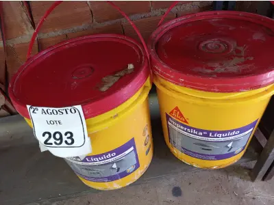 LOTE 293 - 02 BALDES DE IMPERSIKA LÍQUIDO ADITIVO PLASTIFICANTE PARA ARGAMASSA DE ASSENTAMENTO E REBOCO, 18 LITROS CADA. (NO ESTADO) ATENÇÃO! FAZER A VISITAÇÃO ANTES DE ARREMATAR, NÃO SABEMOS SE FUNCIONA. LEILÃO NÃO TEM GARANTIA E NEM DEVOLUÇÃO, SUJEITO A POSSÍVEIS AVARIAS VISÍVEIS/OCULTAS E/OU AUSÊNCIA DE COMPONENTES.