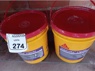 LOTE 274 - 02 BALDES DE IMPERSIKA LÍQUIDO ADITIVO PLASTIFICANTE PARA ARGAMASSA DE ASSENTAMENTO E REBOCO, 18 LITROS CADA. (NO ESTADO) ATENÇÃO! FAZER A VISITAÇÃO ANTES DE ARREMATAR, NÃO SABEMOS SE FUNCIONA. LEILÃO NÃO TEM GARANTIA E NEM DEVOLUÇÃO, SUJEITO A POSSÍVEIS AVARIAS VISÍVEIS/OCULTAS E/OU AUSÊNCIA DE COMPONENTES.