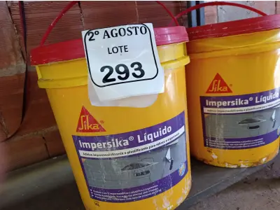 LOTE 293 - 02 BALDES DE IMPERSIKA LÍQUIDO ADITIVO PLASTIFICANTE PARA ARGAMASSA DE ASSENTAMENTO E REBOCO, 18 LITROS CADA. (NO ESTADO) ATENÇÃO! FAZER A VISITAÇÃO ANTES DE ARREMATAR, NÃO SABEMOS SE FUNCIONA. LEILÃO NÃO TEM GARANTIA E NEM DEVOLUÇÃO, SUJEITO A POSSÍVEIS AVARIAS VISÍVEIS/OCULTAS E/OU AUSÊNCIA DE COMPONENTES.