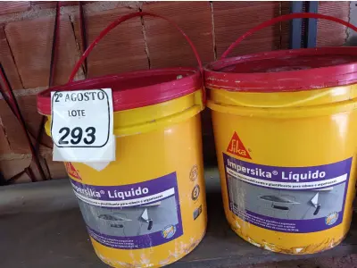 LOTE 293 - 02 BALDES DE IMPERSIKA LÍQUIDO ADITIVO PLASTIFICANTE PARA ARGAMASSA DE ASSENTAMENTO E REBOCO, 18 LITROS CADA. (NO ESTADO) ATENÇÃO! FAZER A VISITAÇÃO ANTES DE ARREMATAR, NÃO SABEMOS SE FUNCIONA. LEILÃO NÃO TEM GARANTIA E NEM DEVOLUÇÃO, SUJEITO A POSSÍVEIS AVARIAS VISÍVEIS/OCULTAS E/OU AUSÊNCIA DE COMPONENTES.