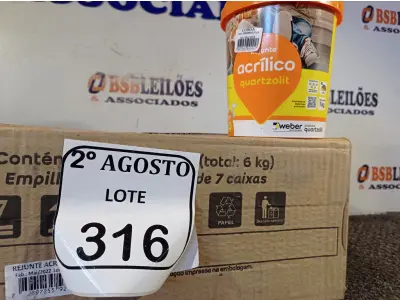 LOTE 316 - 06 REJUNTES ACRÍLICO 1KG CADA. (NO ESTADO) ATENÇÃO! FAZER A VISITAÇÃO ANTES DE ARREMATAR, NÃO SABEMOS SE FUNCIONA. LEILÃO NÃO TEM GARANTIA E NEM DEVOLUÇÃO, SUJEITO A POSSÍVEIS AVARIAS VISÍVEIS/OCULTAS E/OU AUSÊNCIA DE COMPONENTES.