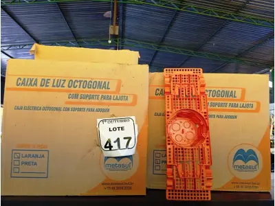 LOTE 417 - 02 CAIXAS DE LUZ OCTOGONAL. (NO ESTADO) ATENÇÃO! FAZER A VISITAÇÃO ANTES DE ARREMATAR, NÃO SABEMOS SE FUNCIONA. LEILÃO NÃO TEM GARANTIA E NEM DEVOLUÇÃO, SUJEITO A POSSÍVEIS AVARIAS VISÍVEIS/OCULTAS E/OU AUSÊNCIA DE COMPONENTES.