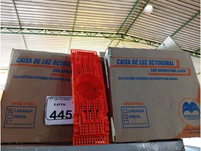 LOTE 445 - 02 CAIXAS DE LUZ OCTOGONAL. (NO ESTADO) ATENÇÃO! FAZER A VISITAÇÃO ANTES DE ARREMATAR, NÃO SABEMOS SE FUNCIONA. LEILÃO NÃO TEM GARANTIA E NEM DEVOLUÇÃO, SUJEITO A POSSÍVEIS AVARIAS VISÍVEIS/OCULTAS E/OU AUSÊNCIA DE COMPONENTES.