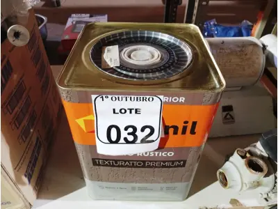 LOTE 032 - 01 LATA DE TINTA TEXTURATTO PREMIUM EFEITO RÚSTICO INTERIOR/EXTERIOR SUVINIL 25KG. (NO ESTADO) ATENÇÃO! FAZER A VISITAÇÃO ANTES DE ARREMATAR, NÃO SABEMOS SE FUNCIONA. LEILÃO NÃO TEM GARANTIA E NEM DEVOLUÇÃO, SUJEITO A POSSÍVEIS AVARIAS VISÍVEIS/OCULTAS E/OU AUSÊNCIA DE COMPONENTES.EIS AVARIAS VISÍVEIS/OCULTAS E/OU AUSÊNCIA DE COMPONENTES.