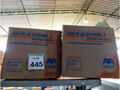 LOTE 445 - 02 CAIXAS DE LUZ OCTOGONAL. (NO ESTADO) ATENÇÃO! FAZER A VISITAÇÃO ANTES DE ARREMATAR, NÃO SABEMOS SE FUNCIONA. LEILÃO NÃO TEM GARANTIA E NEM DEVOLUÇÃO, SUJEITO A POSSÍVEIS AVARIAS VISÍVEIS/OCULTAS E/OU AUSÊNCIA DE COMPONENTES.